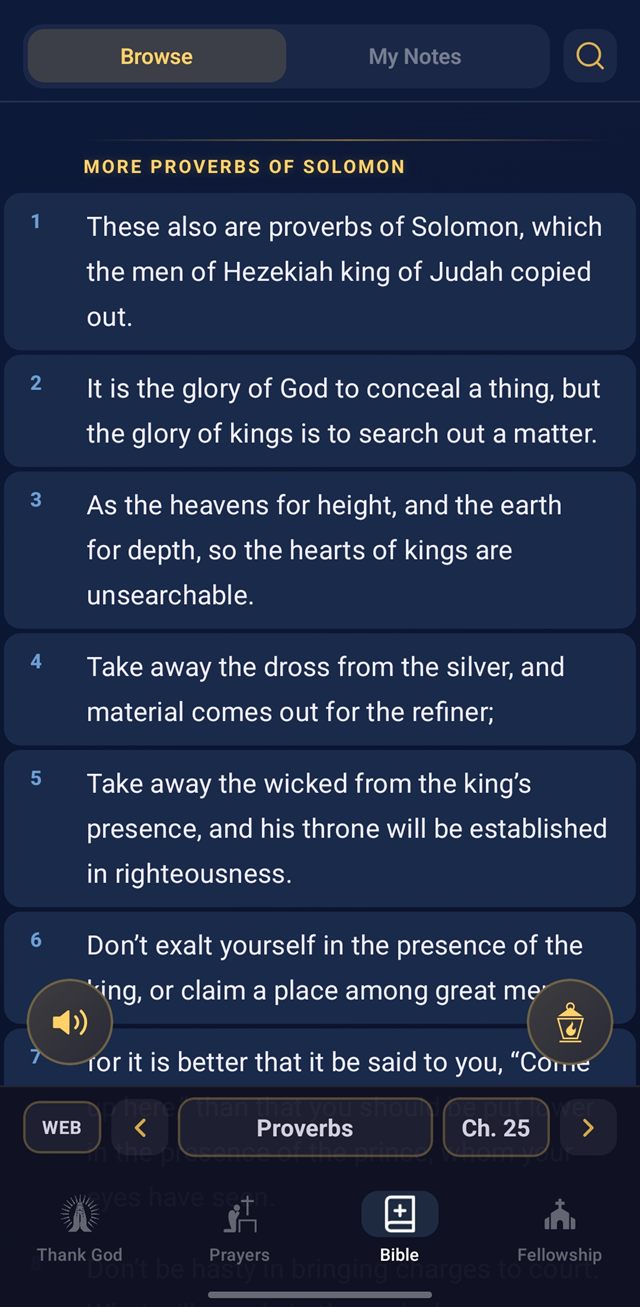 Proverbs chapter 25 open in the Bible reader, with each verse in its own card.