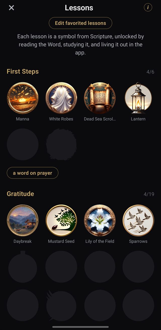 A grid of illustrated lesson medallions grouped into First Steps and Gratitude, some earned and some still locked.