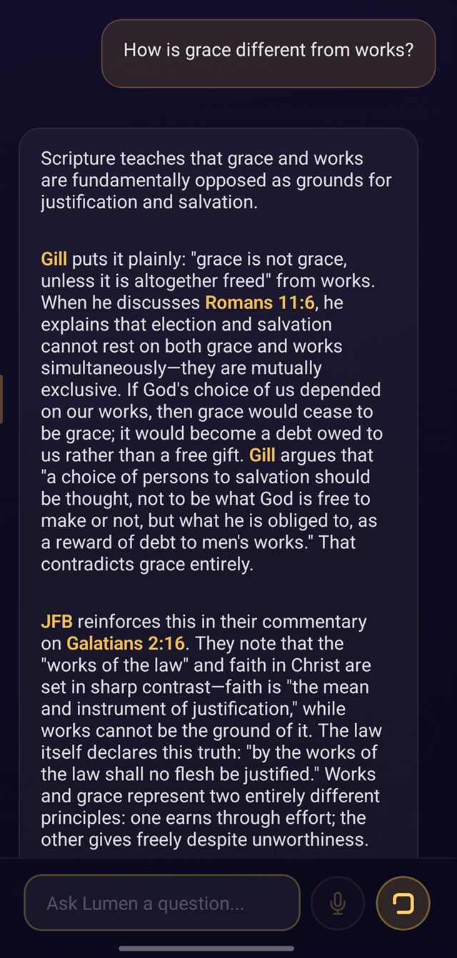 A study conversation answering how grace differs from works, citing Romans 11:6 and Galatians 2:16 alongside classic commentary.